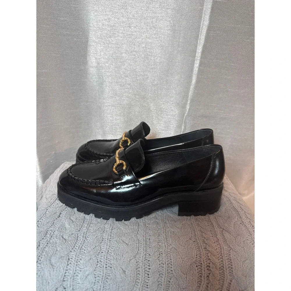 J McLaughlin Black Patent Leather Loafers‎ Gold Buckle Chunky Platform Women 7